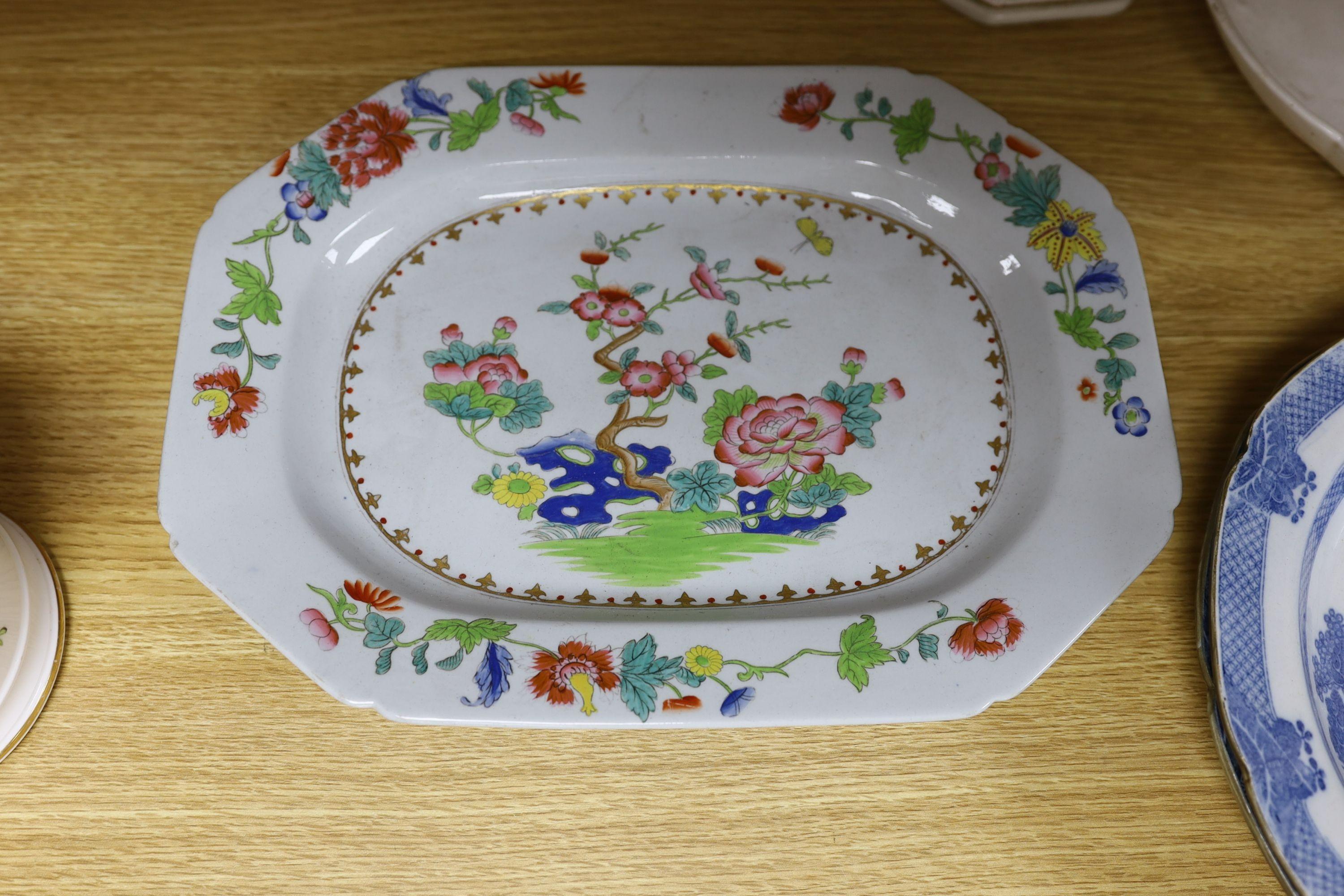 A pair of early 19th century pearlware plates, Leeds pottery tureen and cover, Coalport dessert dish. Spode serving plate and two mugs